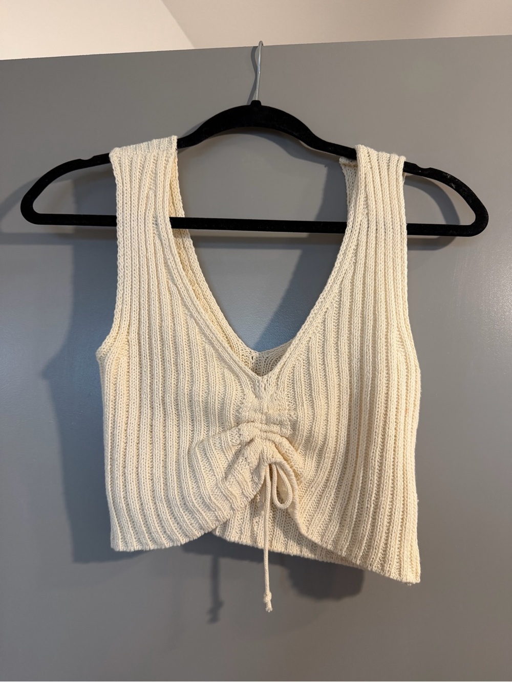Cream Knit Drawstring Ribbed Crop Tank Top